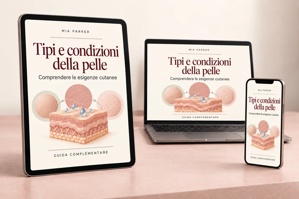 Guida Tipi e condizioni della pelle: copertina italiana su tablet, computer e smartphone.