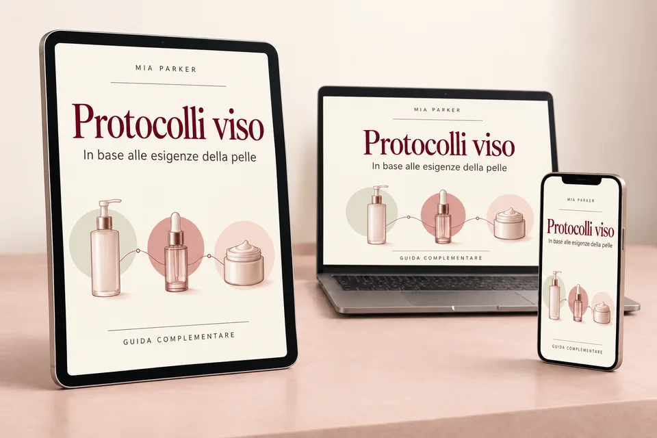 Guida Protocolli viso: copertina italiana su tablet, computer e smartphone.