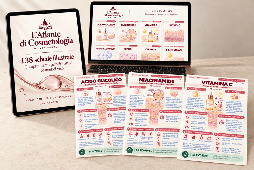 L’Atlante di Cosmetologia su tablet e computer, con alcune schede illustrate.